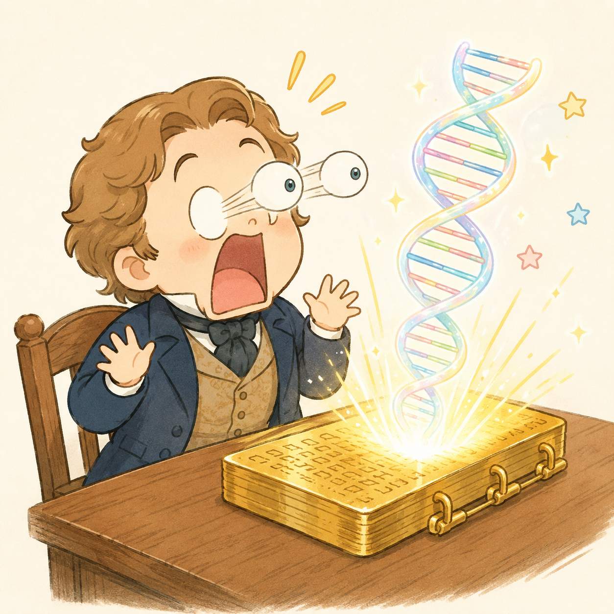 金版から浮かび上がるDNAの螺旋に驚くジョセフ・スミスのイラスト